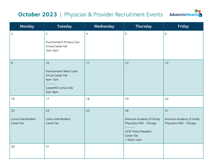 October 2023 Provider Recruitment Event Calendar